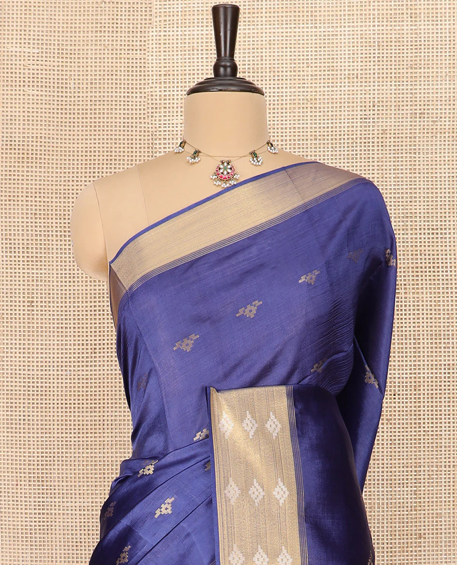 Blue Banana Pith Saree Elegantly Framed with Zari Buttas, Meticulously Crafted Border with Zari Designs, Gleaming Zari Stripes Woven Pallu, and Paired with a Matching Plain Blouse - Image 2