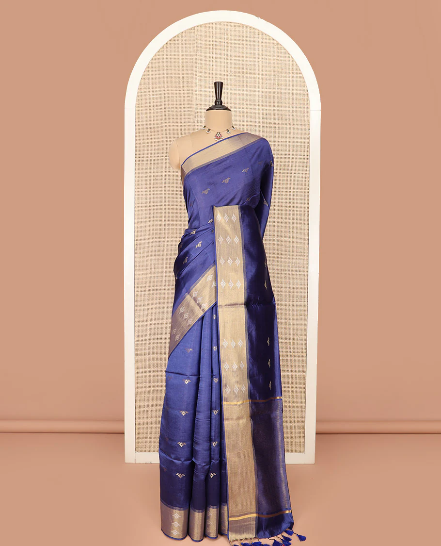 Blue Banana Pith Saree Elegantly Framed with Zari Buttas, Meticulously Crafted Border with Zari Designs, Gleaming Zari Stripes Woven Pallu, and Paired with a Matching Plain Blouse - Image 3