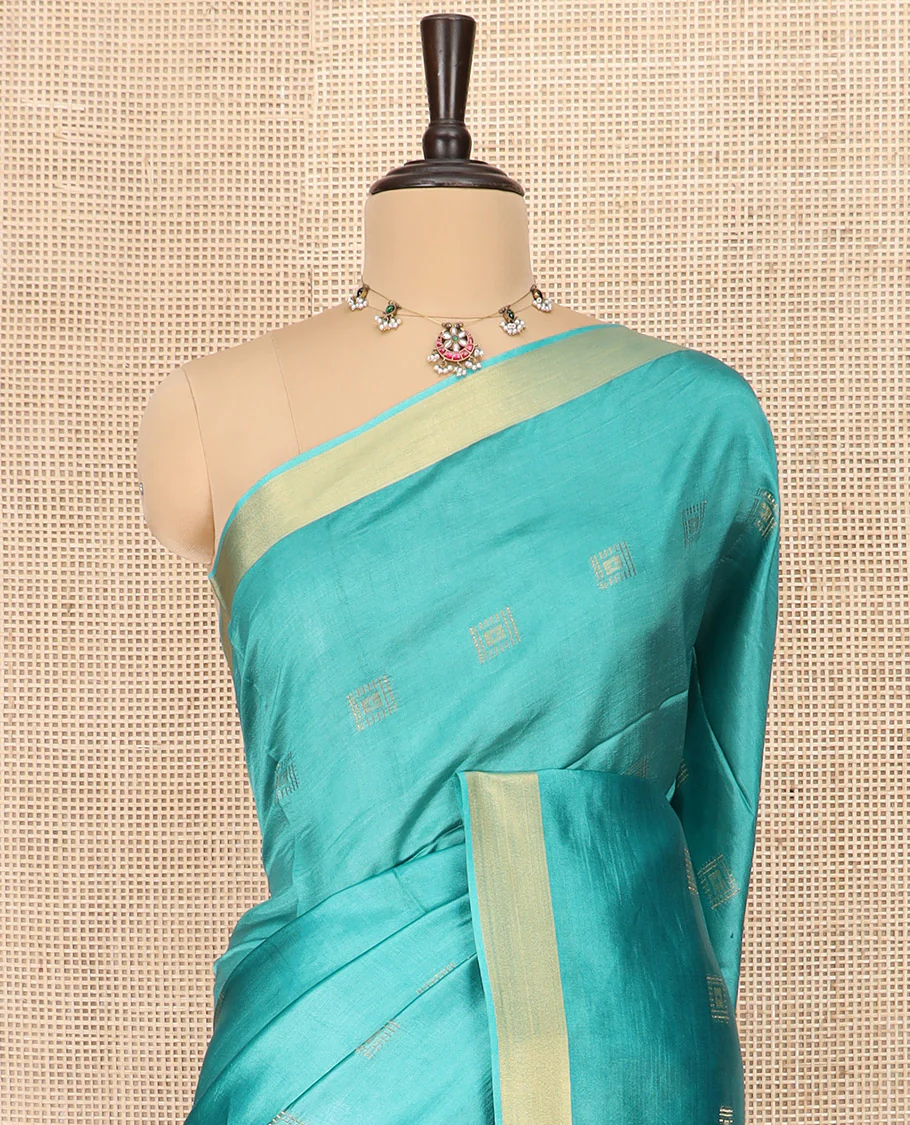 Blue Banana Pith Saree Highlighted with Square Zari Buttas, Bavanji Border, Gleaming Zari Striped Pallu, and Paired with a Matching Plain Blouse - Image 2