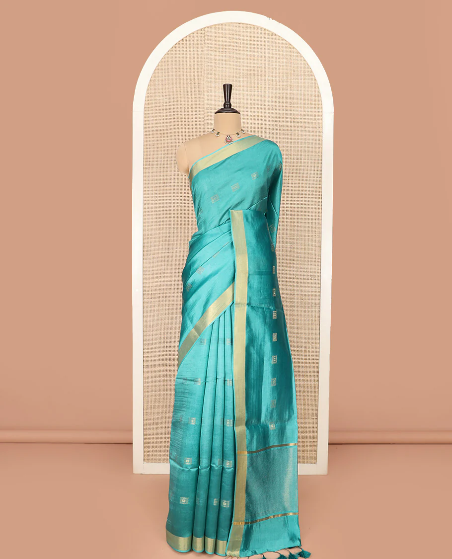 Blue Banana Pith Saree Highlighted with Square Zari Buttas, Bavanji Border, Gleaming Zari Striped Pallu, and Paired with a Matching Plain Blouse - Image 3