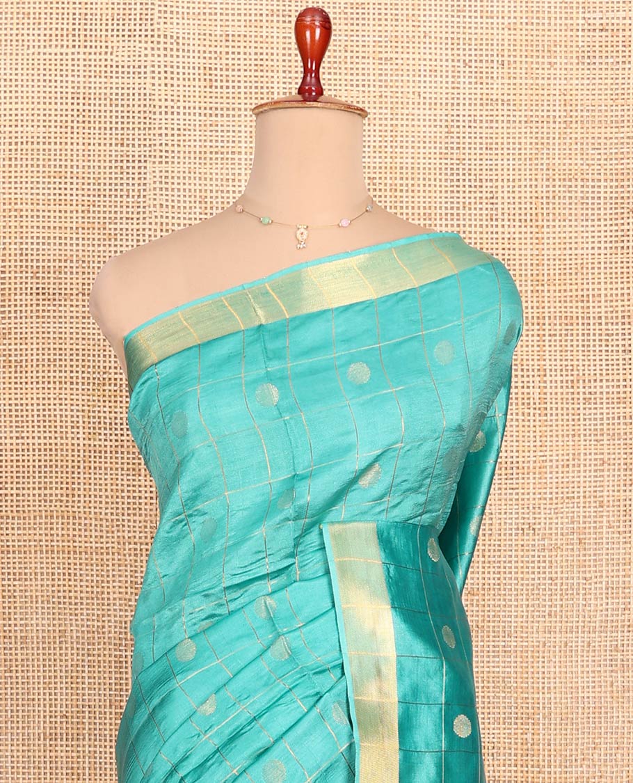 Blue Banana Pith Saree Subtly Sparkled with Polka Dot Buttas Enclosed Checks, Subtle Zari Border, Gleaming Zari Stripes Woven Pallu, and Paired with a Matching Plain Blouse - Image 2