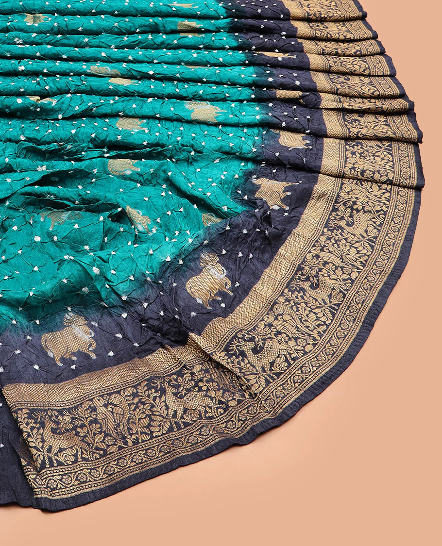 Blue bandhani dots and Pichwai cow motifs bandhani silk saree, contrast Pichwai cow and animal motifs zari border, and patola-style butta enclosed jaal pallu - Image 2