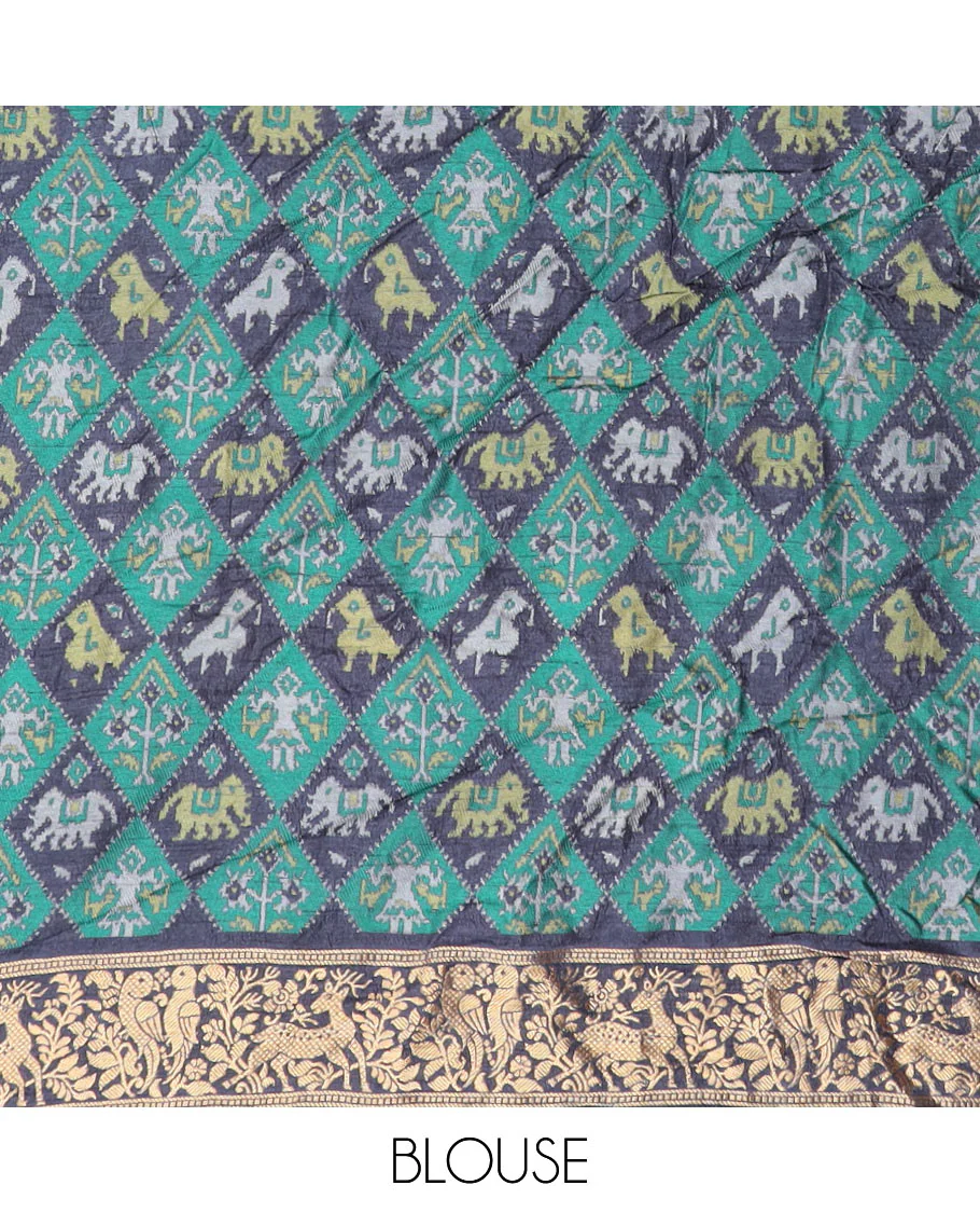 Blue bandhani dots and Pichwai cow motifs bandhani silk saree, contrast Pichwai cow and animal motifs zari border, and patola-style butta enclosed jaal pallu - Image 3