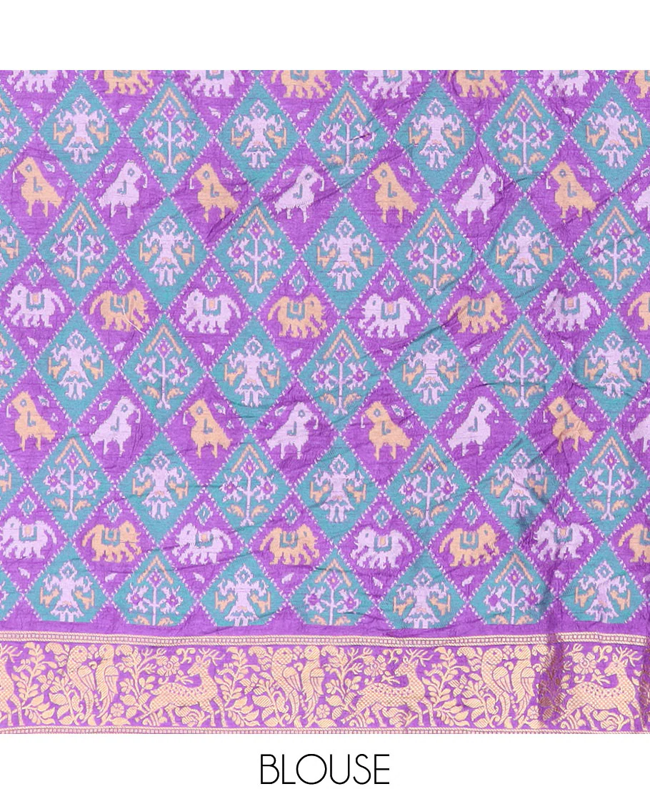Blue bandhani dots and Pichwai cow motifs bandhani silk saree, contrast Pichwai cow and animal motifs zari border, and patola-style butta enclosed jaal pallu - Image 3