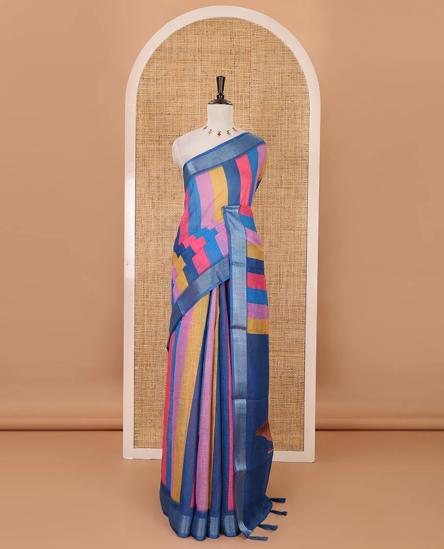 Blue-base colorful vertical stripes printed linen cotton saree, silver zari bavanji border, ice cream motifs printed pallu & contrast printed blouse - Image 2