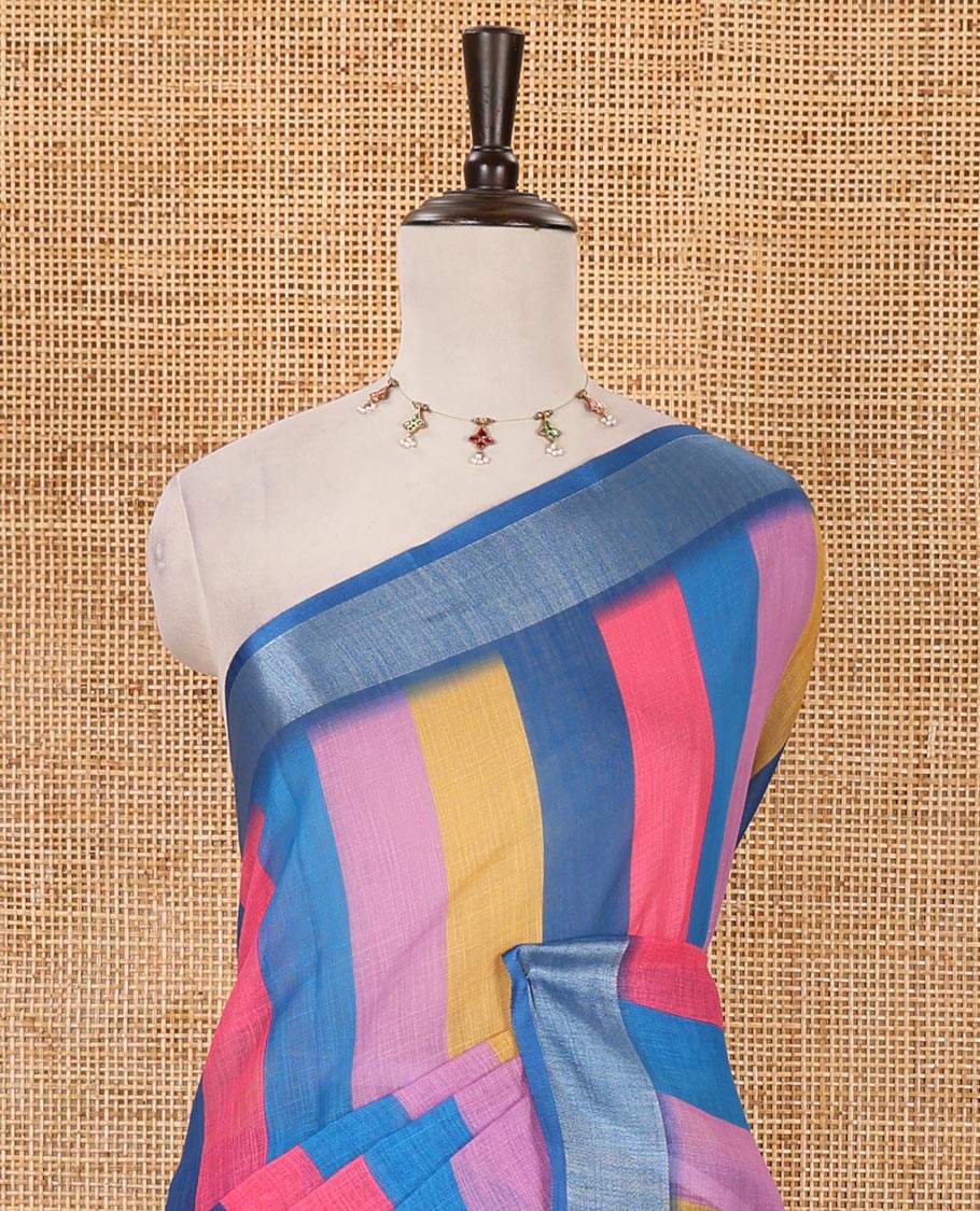 Blue-base colorful vertical stripes printed linen cotton saree, silver zari bavanji border, ice cream motifs printed pallu & contrast printed blouse - Image 3