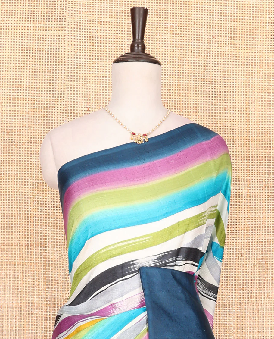 Blue-base multi-color striped printed saree, self-pallu of colorful stripes - Image 2
