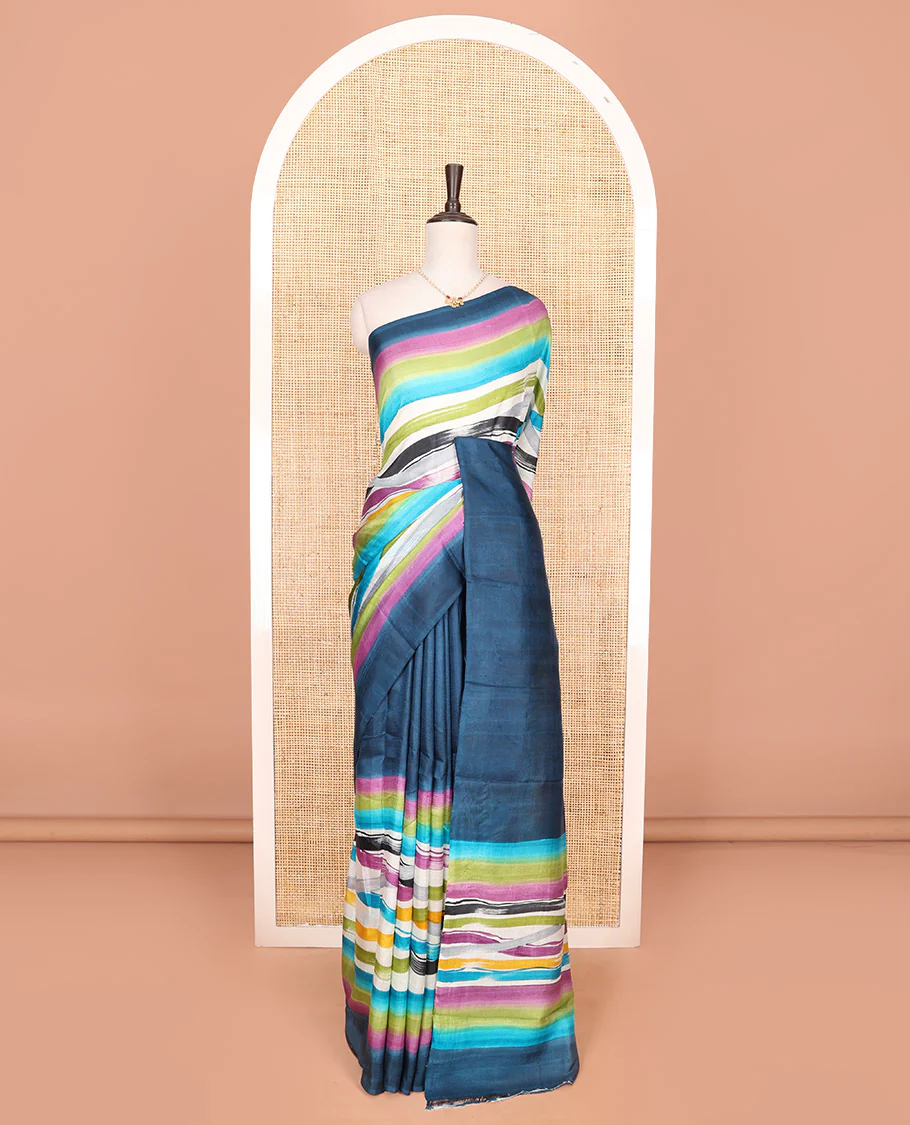 Blue-base multi-color striped printed saree, self-pallu of colorful stripes - Image 3
