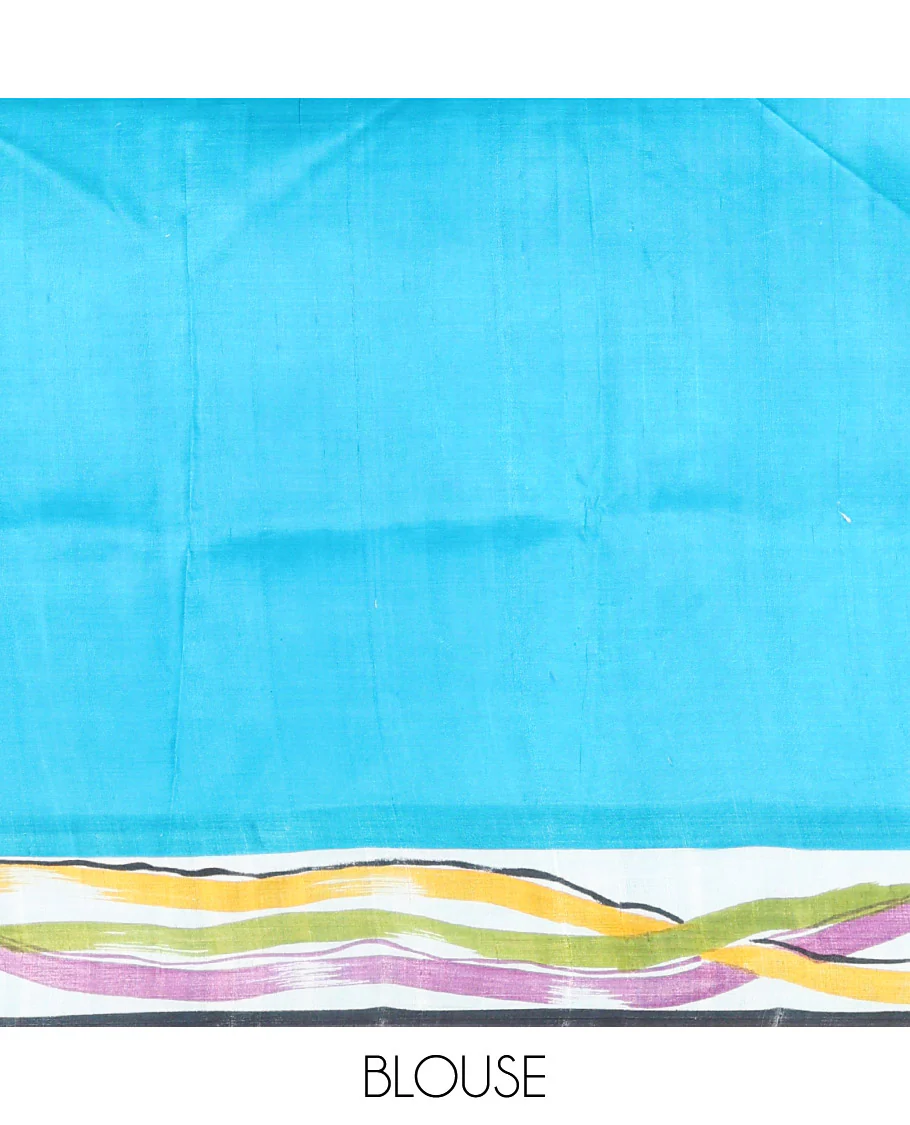 Blue-base multi-color striped printed saree, self-pallu of colorful stripes - Image 4