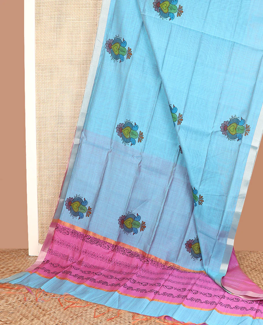 Blue bird motifs printed Chirala cotton saree, bavanji border, and contrast block printed pallu - Image 2