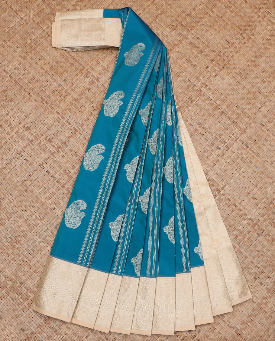 Blue Budget Silk Saree Adorned with Paisley Zari Buttas, Complemented by a Contrast Traditional Zari Border, a Zari-Design Detailed Pallu, and a Contrast Zari-Bordered Blouse - Image 2
