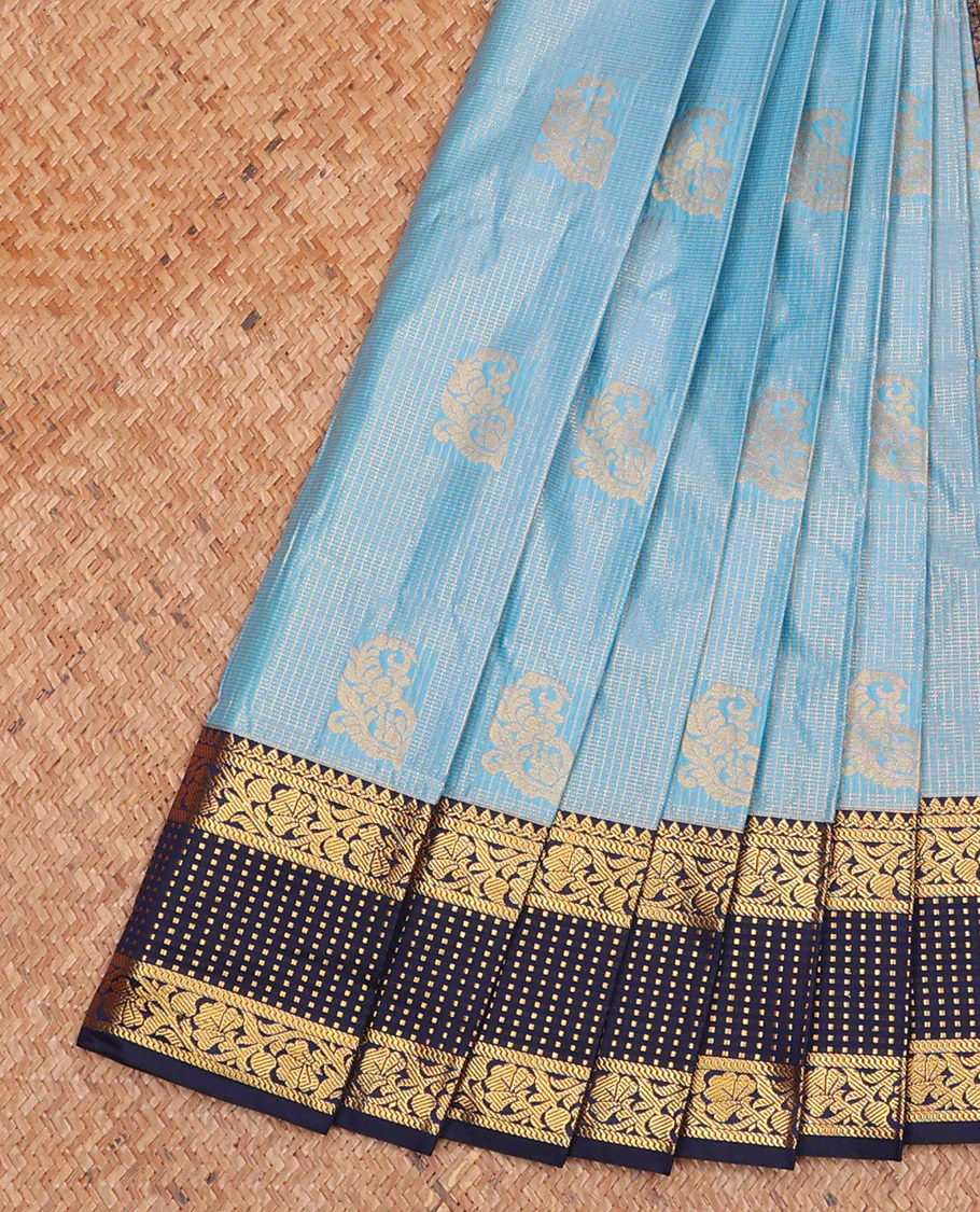 Blue Budget Silk Saree Woven with Zari Buttas and Zari Micro-Checks, Complemented with a Contrast Traditional Zari Design Border, Zari -Rich Jaal Pallu, and Paired with a Contrast Blouse