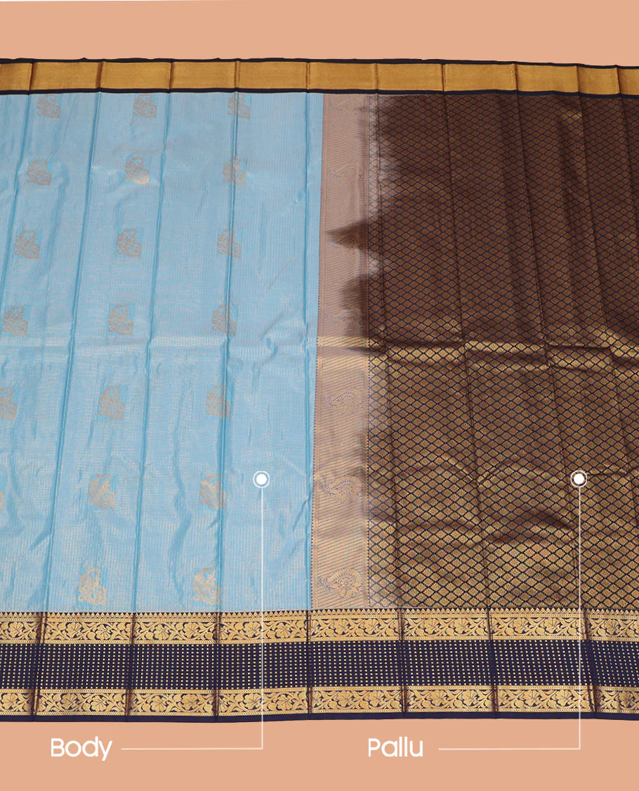 Blue Budget Silk Saree Woven with Zari Buttas and Zari Micro-Checks, Complemented with a Contrast Traditional Zari Design Border, Zari -Rich Jaal Pallu, and Paired with a Contrast Blouse - Image 2