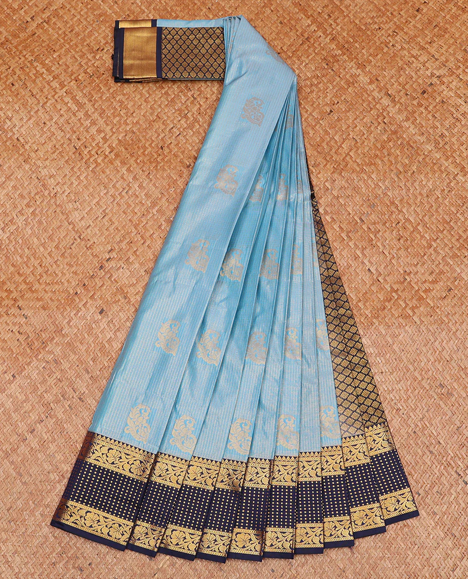 Blue Budget Silk Saree Woven with Zari Buttas and Zari Micro-Checks, Complemented with a Contrast Traditional Zari Design Border, Zari -Rich Jaal Pallu, and Paired with a Contrast Blouse - Image 3