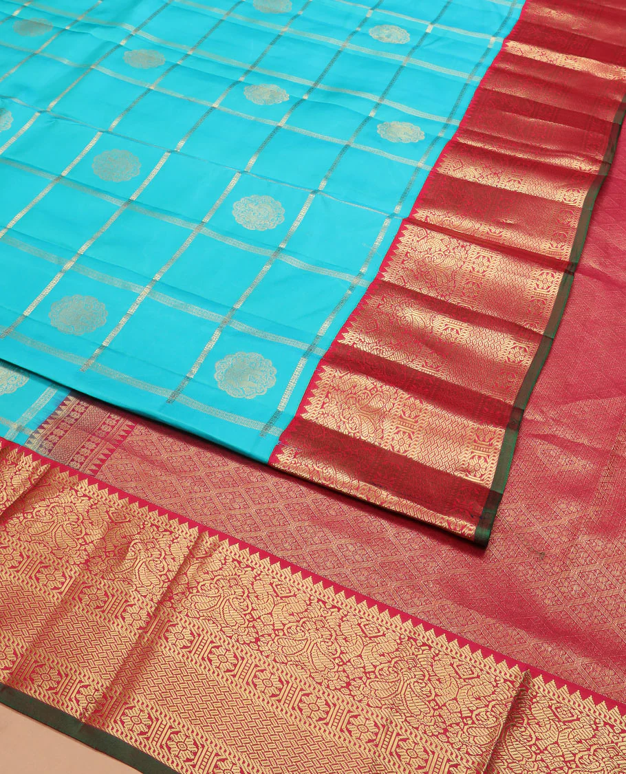 Blue butta enclosed checked Vasundhara silk saree, contrast border of rekku, muthu, manga, mayil, and kamalam designs, and jaal pallu - Image 2