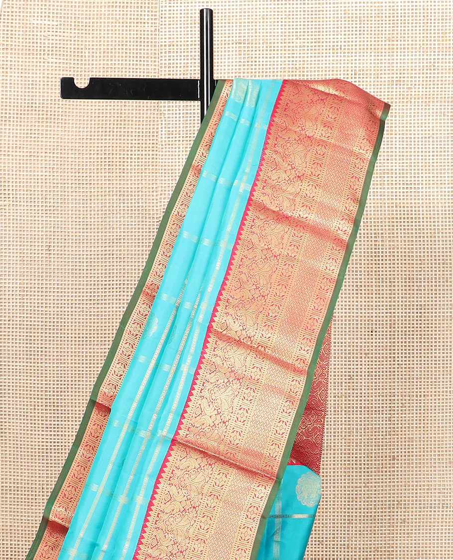 Blue butta enclosed checked Vasundhara silk saree, contrast border of rekku, muthu, manga, mayil, and kamalam designs, and jaal pallu - Image 3