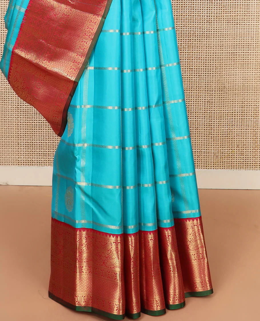 Blue butta enclosed checked Vasundhara silk saree, contrast border of rekku, muthu, manga, mayil, and kamalam designs, and jaal pallu - Image 4