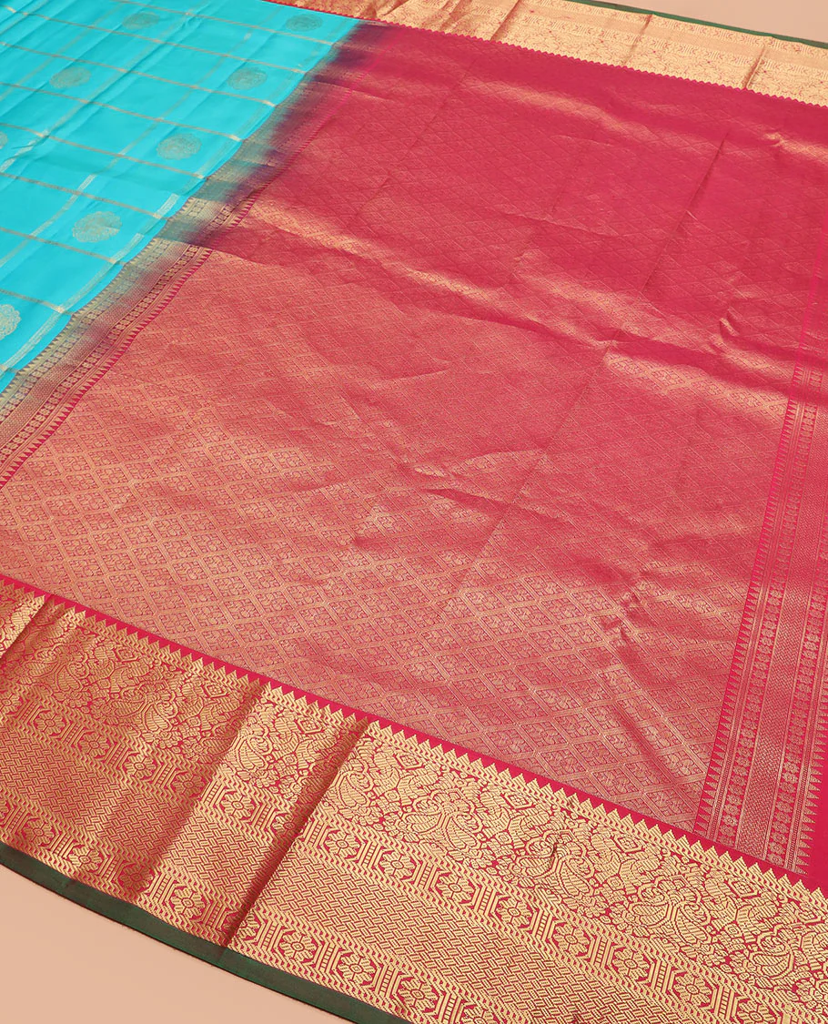Blue butta enclosed checked Vasundhara silk saree, contrast border of rekku, muthu, manga, mayil, and kamalam designs, and jaal pallu - Image 5