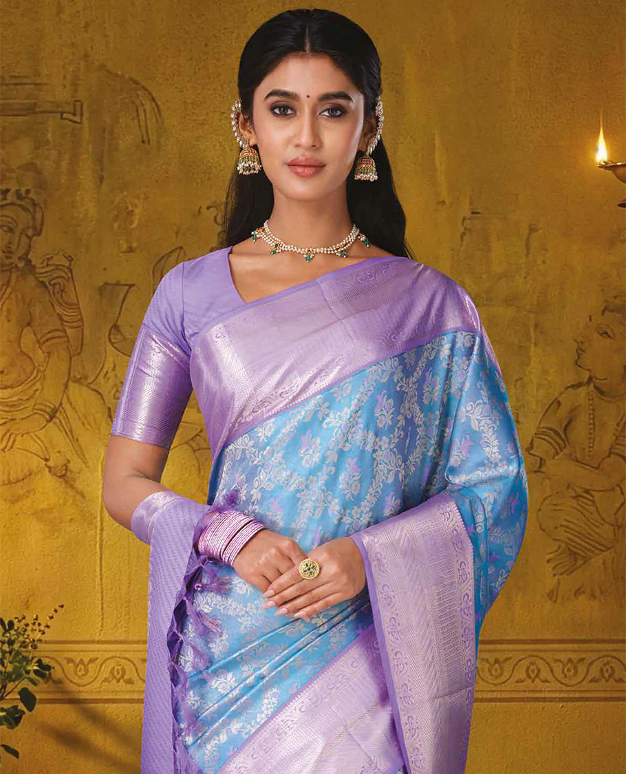 Blue butta enclosed jaal jacquard kanchipuram wedding silk saree, contrast traditional zari design border, and jaal pallu - Image 2
