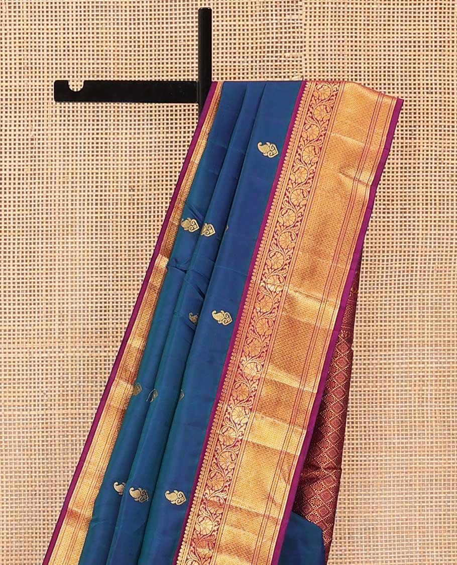 Blue buttas Bangalore silk saree, contrast traditional zari border, and pallu of jaal designs - Image 3