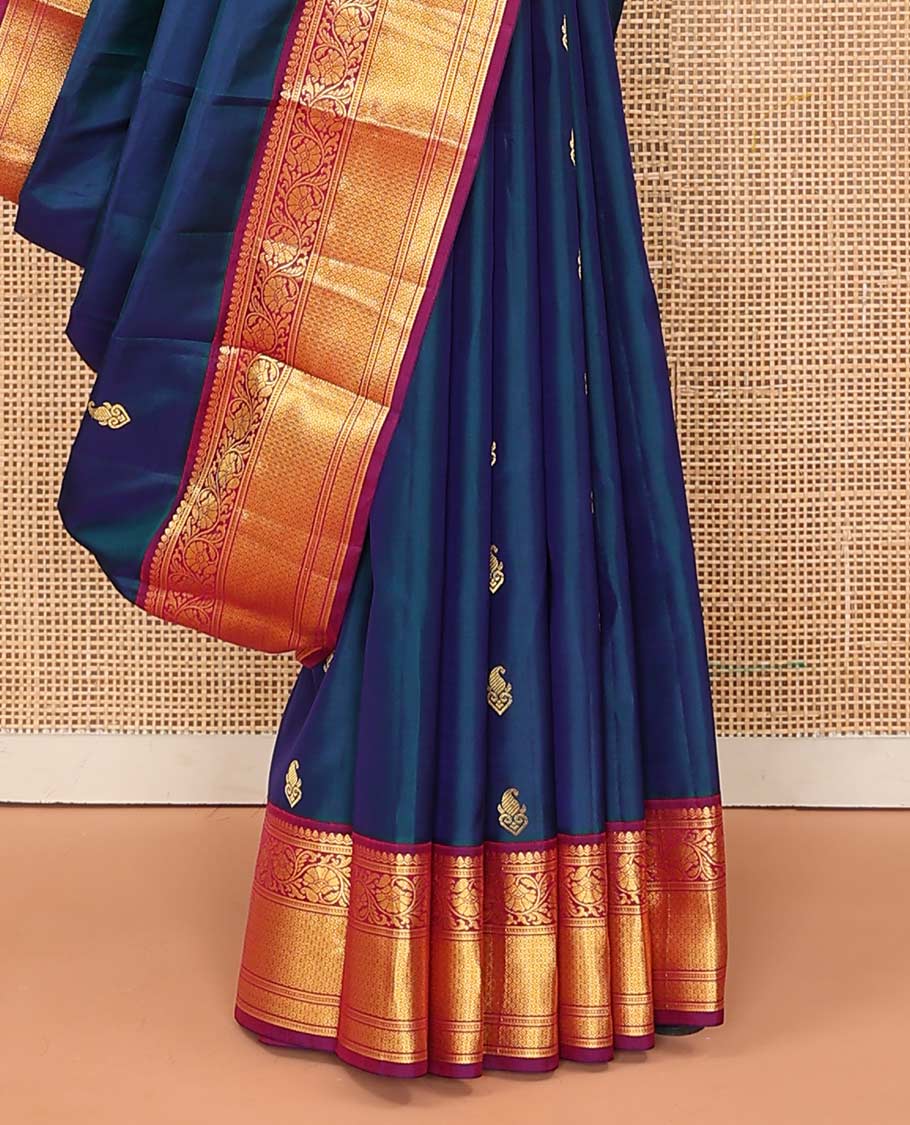 Blue buttas Bangalore silk saree, contrast traditional zari border, and pallu of jaal designs - Image 4
