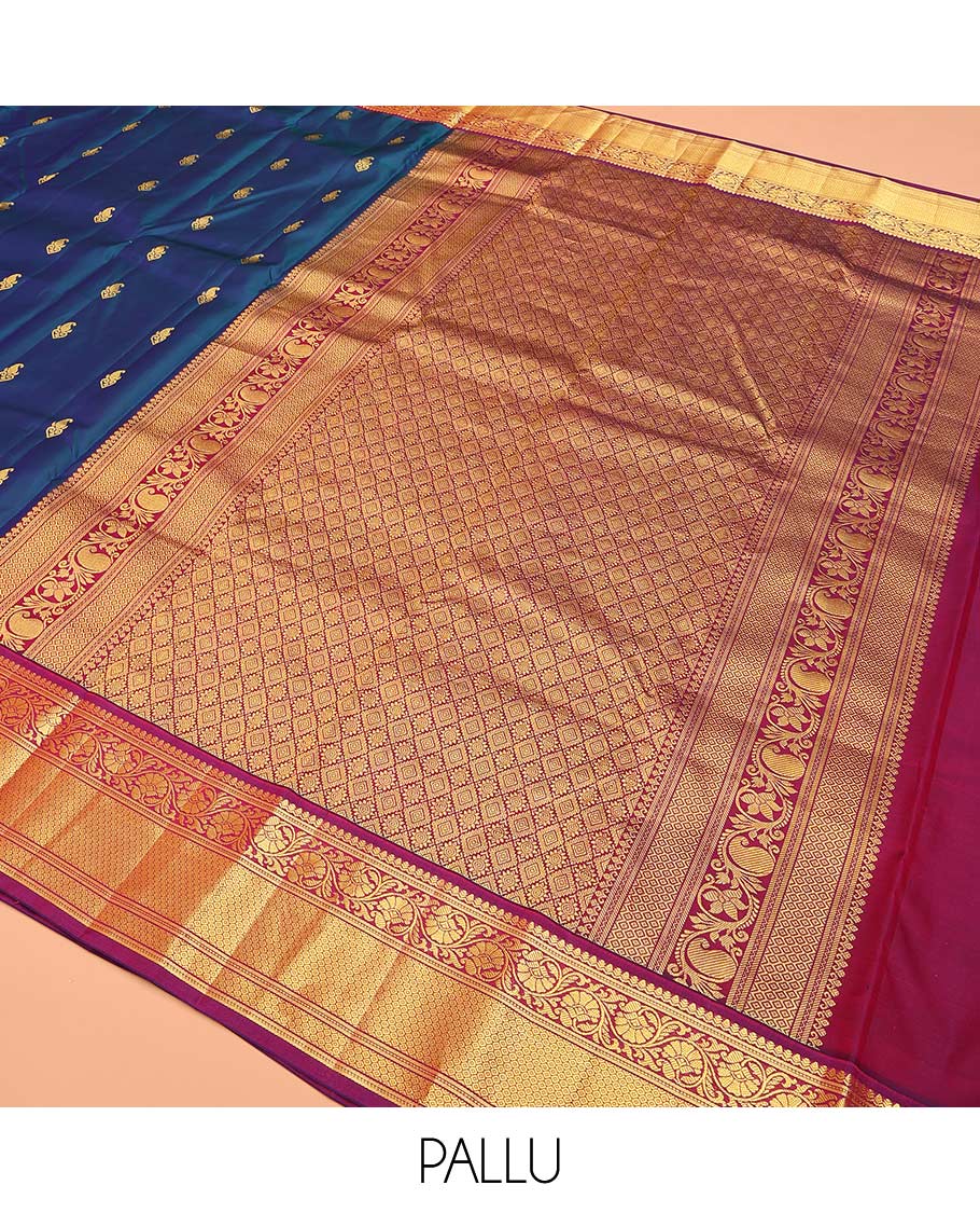 Blue buttas Bangalore silk saree, contrast traditional zari border, and pallu of jaal designs - Image 5