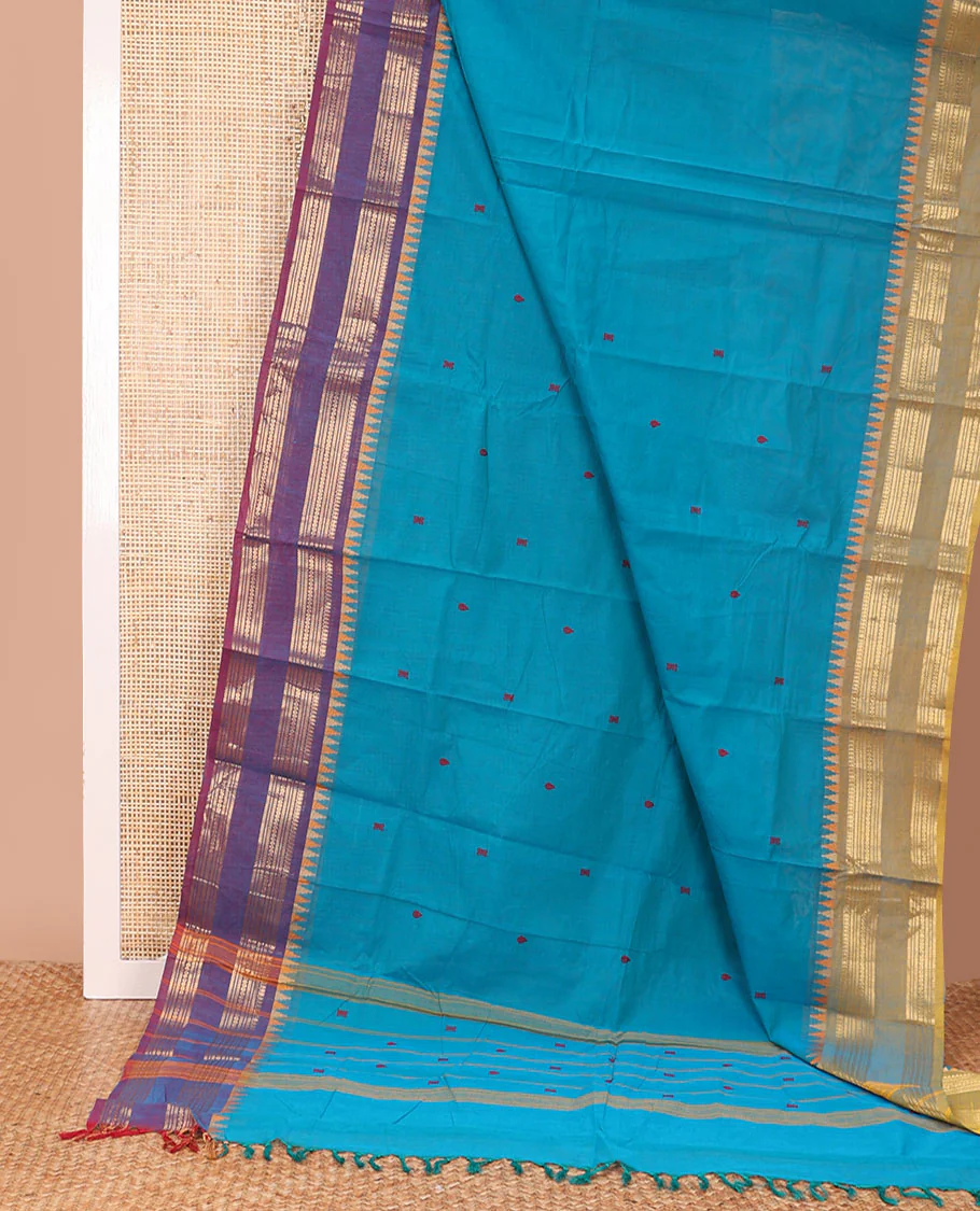 Blue buttas Chettinad cotton saree, contrast ganga jamuna rettai pettu traditional zari border, and pallu of stripes, and buttas - Image 2