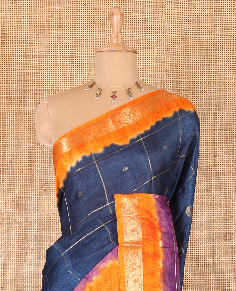 Blue buttas enclosed checked dola silk saree, contrast shibori print with traditional zari border, buttas enclosed checked pallu, and a contrast buttas enclosed checked blouse - Image 3