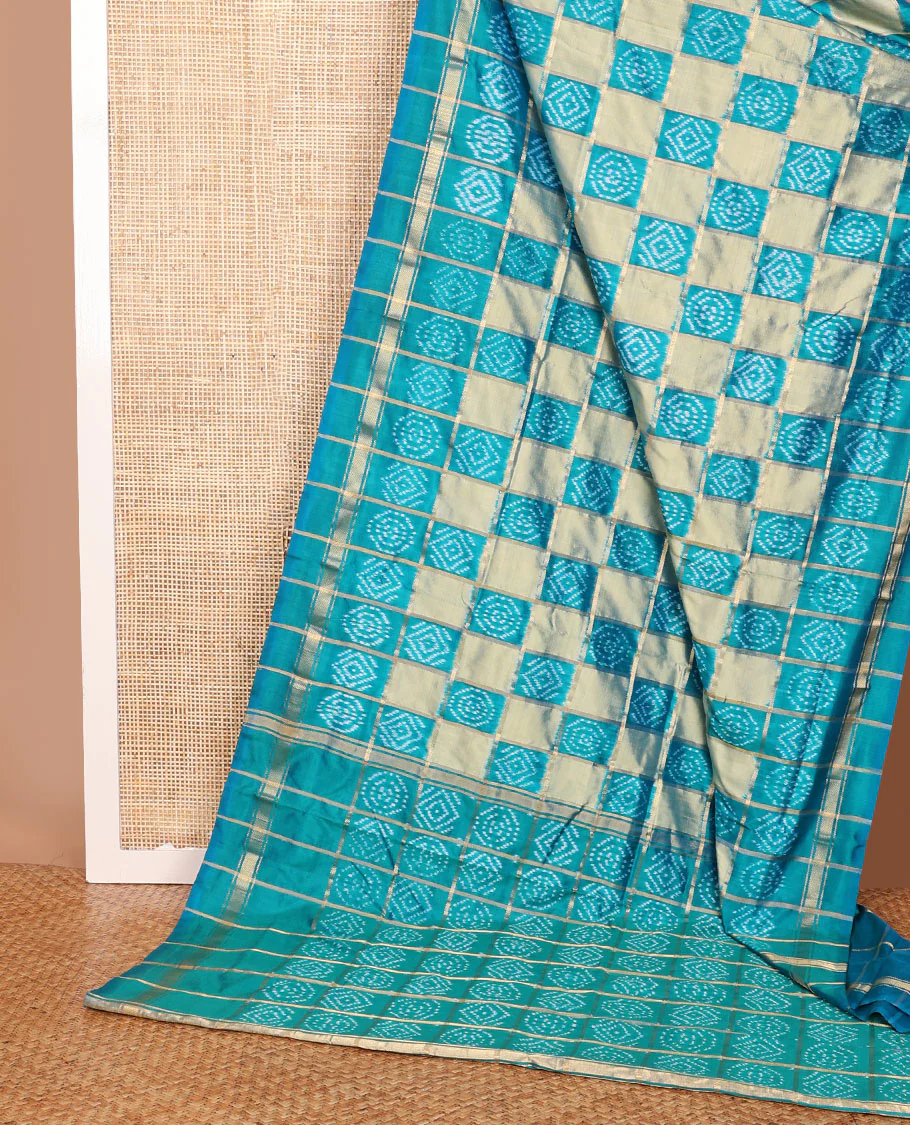 Blue buttas enclosed checked ikkat saree, self-border & pallu of buttas enclosed checks - Image 3