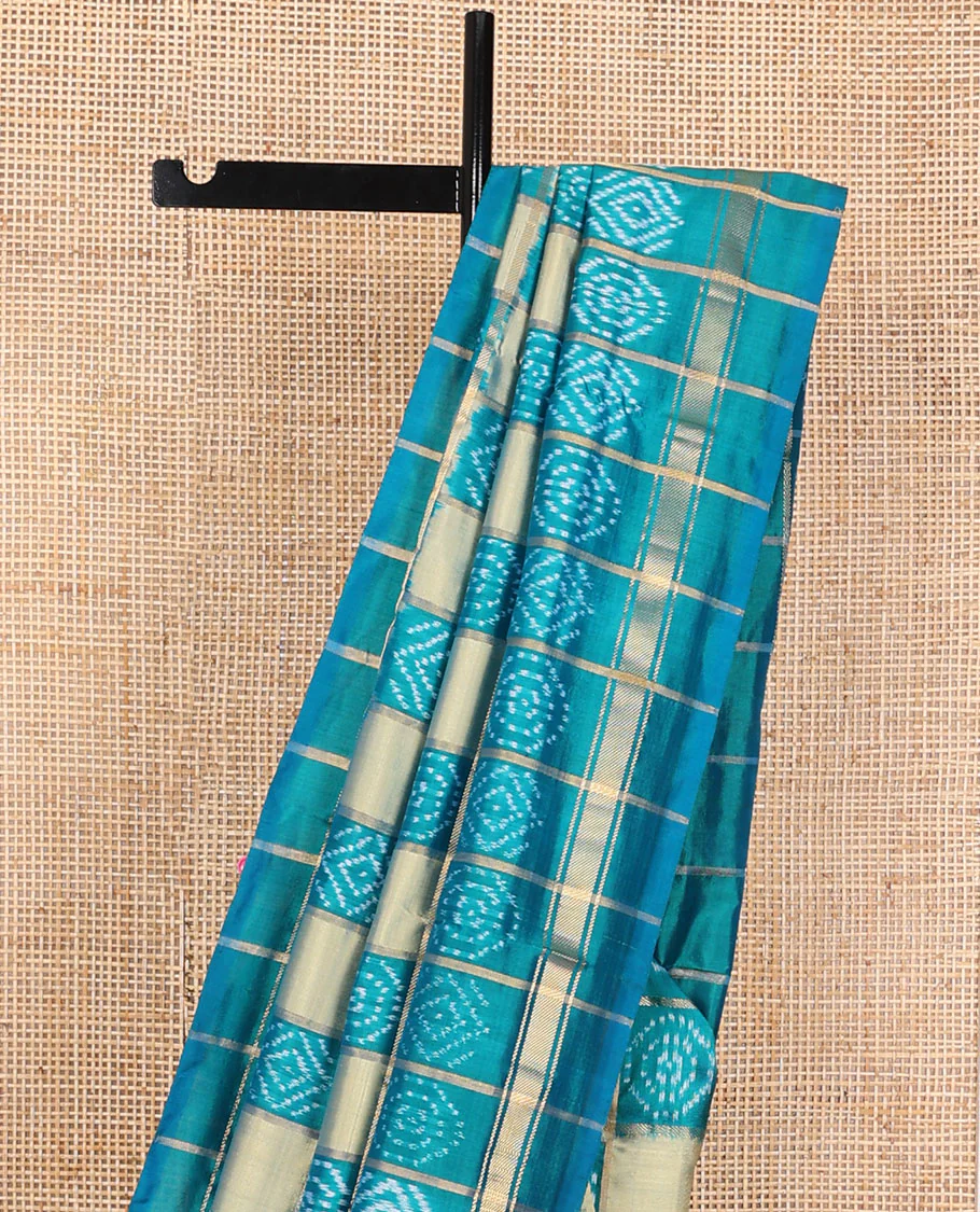 Blue buttas enclosed checked ikkat saree, self-border & pallu of buttas enclosed checks - Image 4