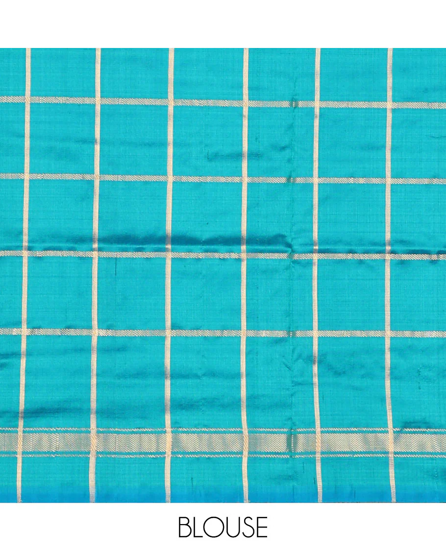 Blue buttas enclosed checked ikkat saree, self-border & pallu of buttas enclosed checks - Image 6