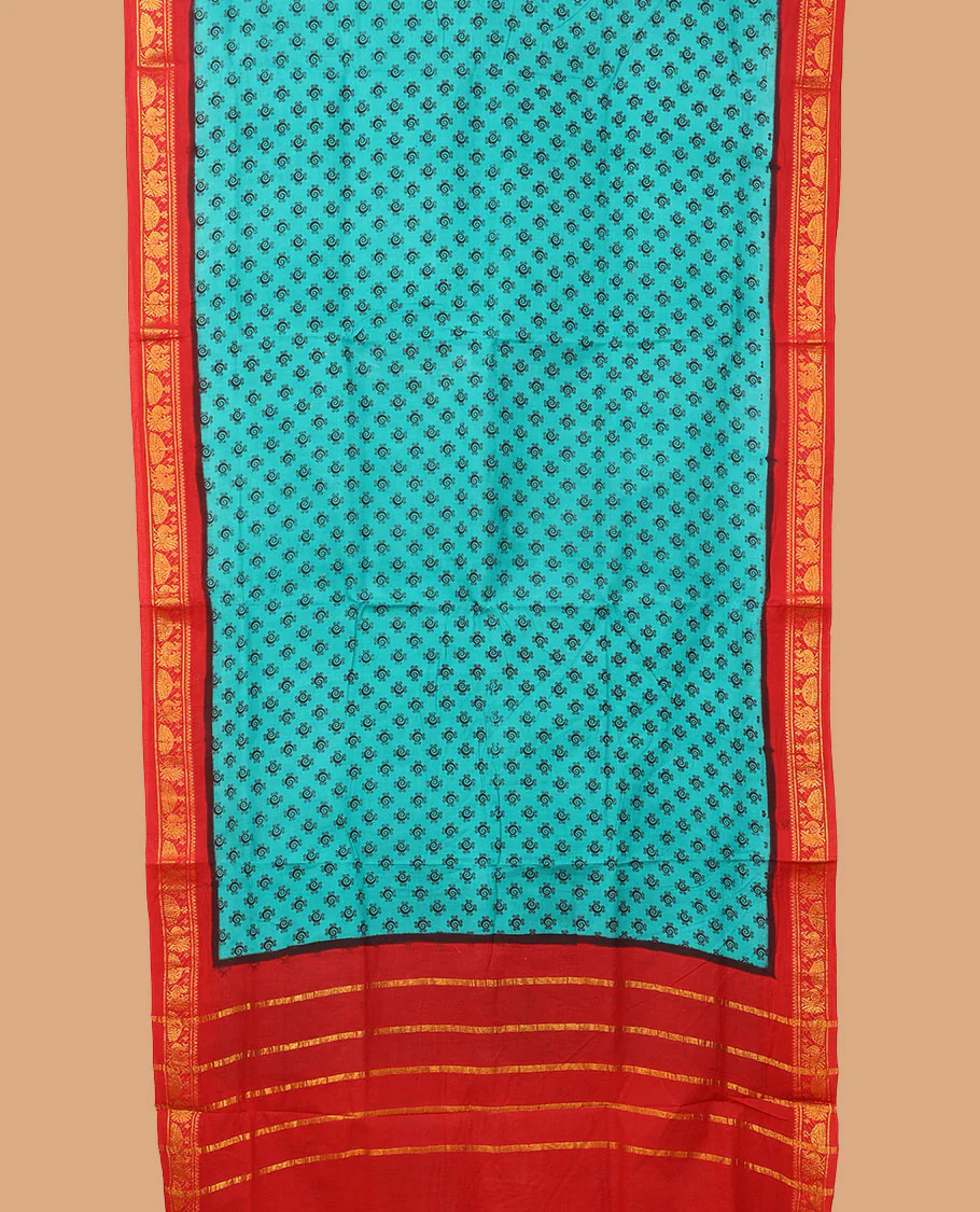 Blue buttas nine-yard cotton saree, contrast traditional zari border, and pallu of stripes - Image 2