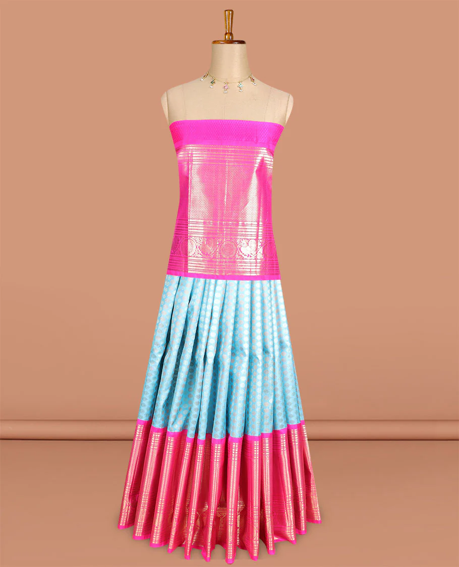 Blue buttas silk half saree with contrast border of intricate zari design, zari design blouse & floral design dhavani - Image 3