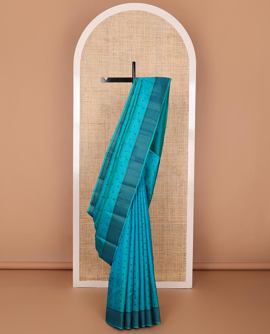 Blue buttas Vasundhara silk saree, thread border of thilakam,muthu & vanki designs & jaal pallu