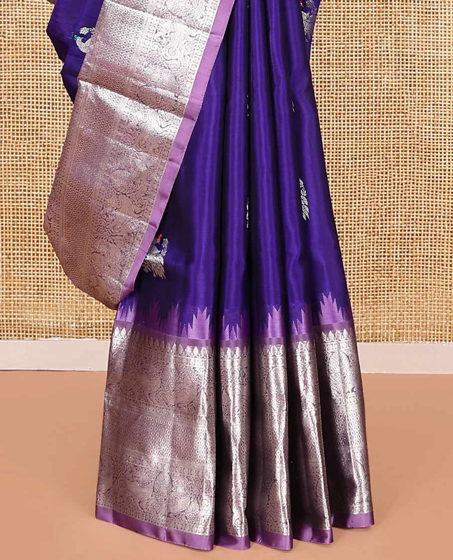 Blue buttas Venkatagiri silk saree, contrast temple traditional border, and ogee patterned pallu - Image 4
