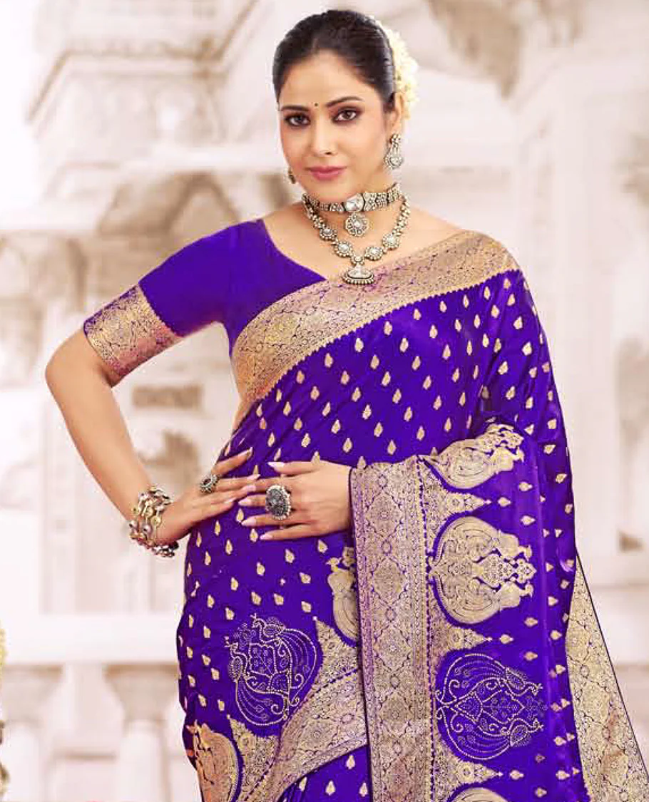 Blue buttas with micro stone work designer catalog saree, intricate motifs woven border, and pallu - Image 2