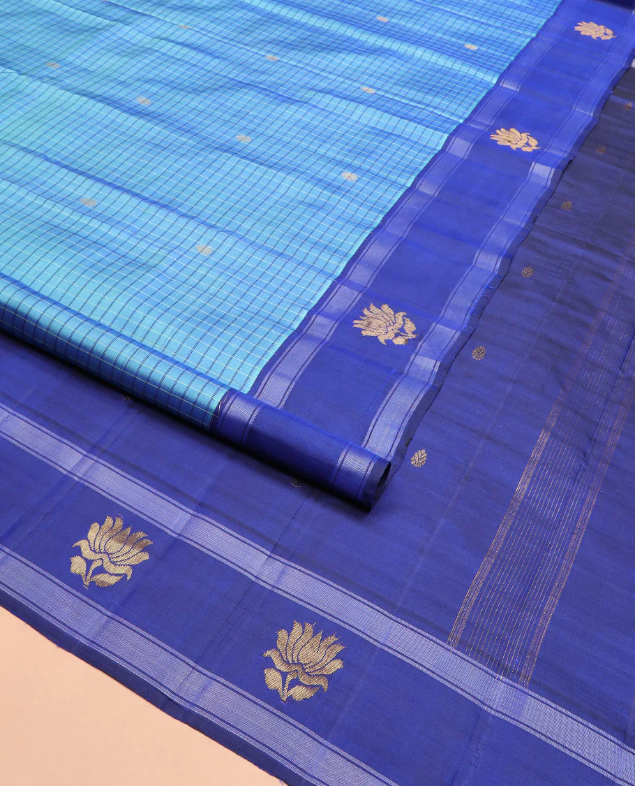 Blue checked and buttas Kanchipuram silk saree, contrast border of lotus designs, and pallu of zari designs - Image 2