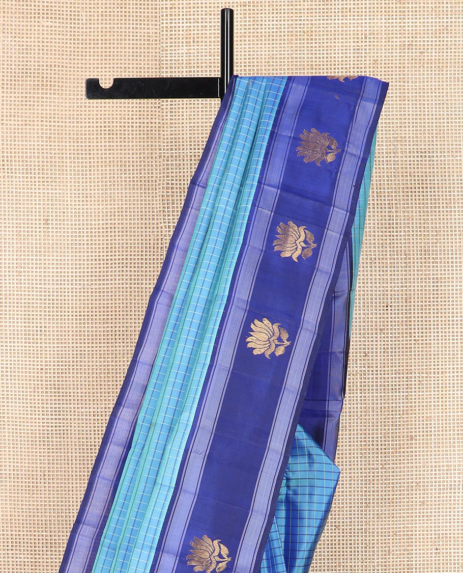Blue checked and buttas Kanchipuram silk saree, contrast border of lotus designs, and pallu of zari designs - Image 3