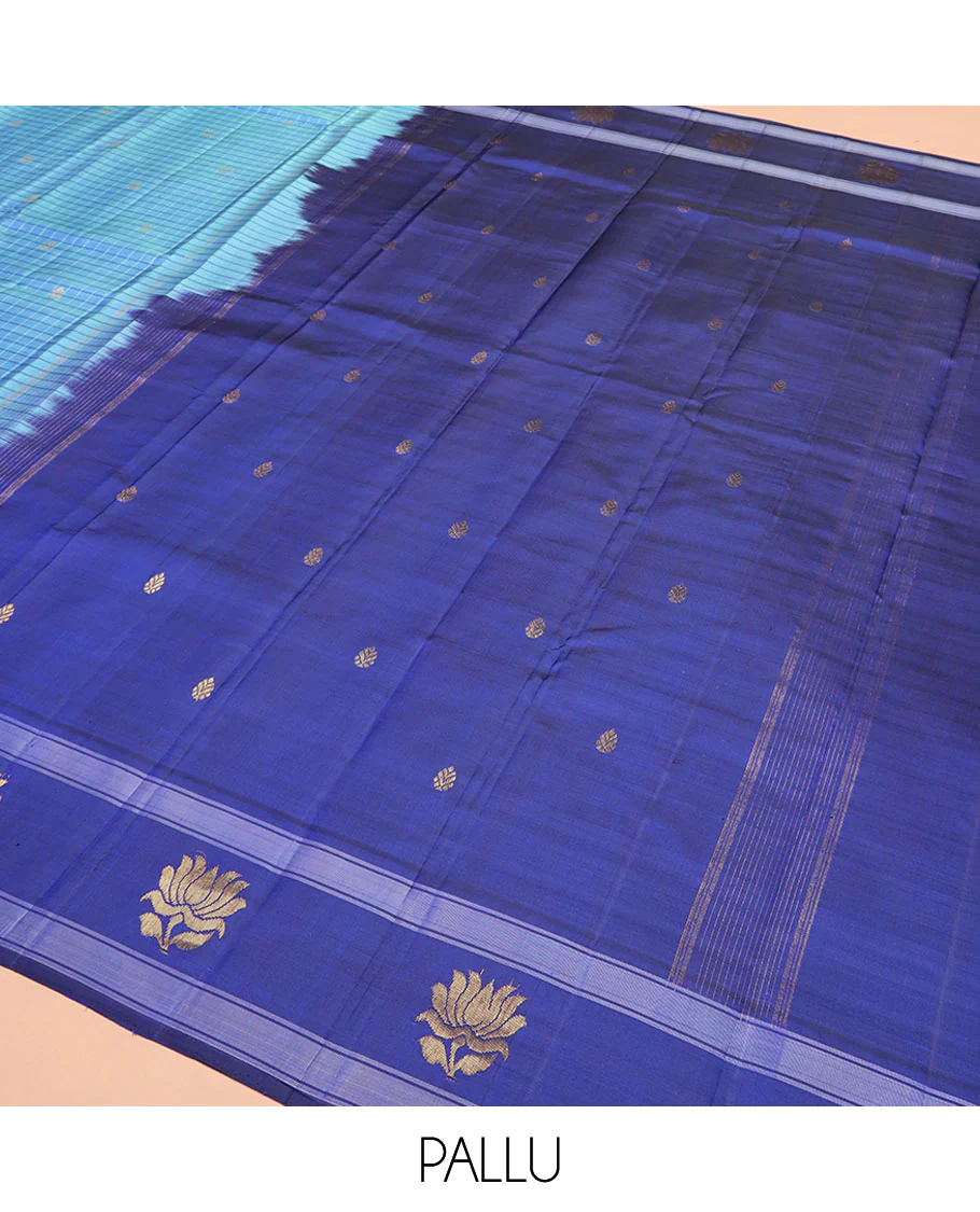 Blue checked and buttas Kanchipuram silk saree, contrast border of lotus designs, and pallu of zari designs - Image 5