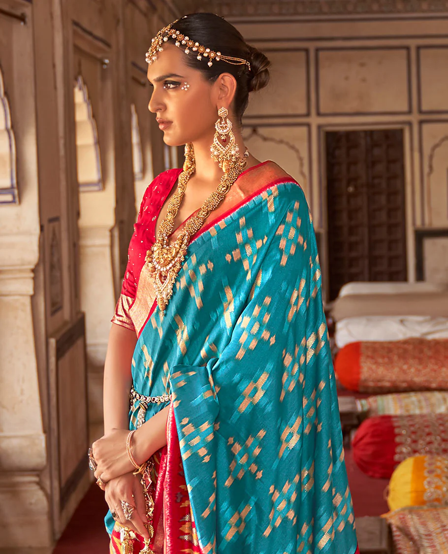 Blue checked ikkat designer fancy tussar catalog saree, contrast ikkat chevron border, and ikkat style woven pallu - Image 2