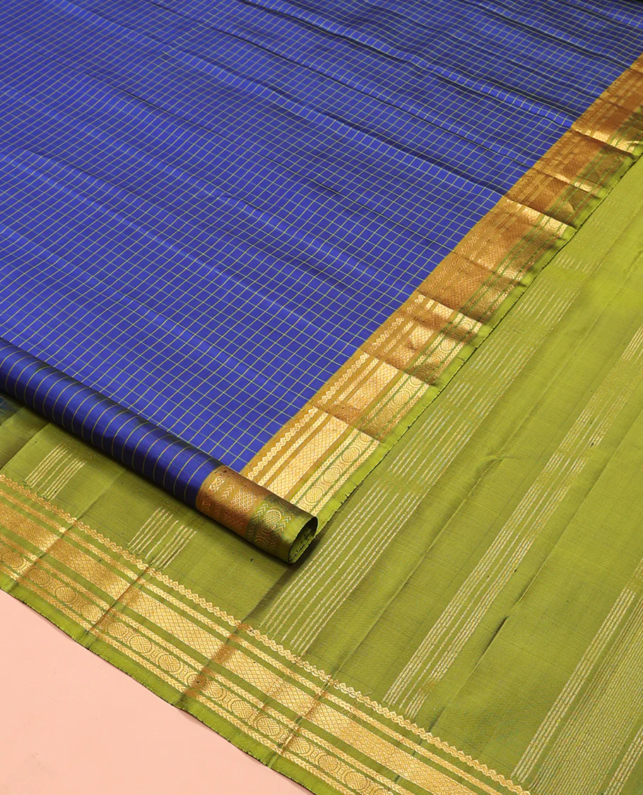 Blue checked Kanchipuram silk saree, contrast border of salngai, kathir, mayil kann, and mayil kann designs, and zari striped pallu - Image 2