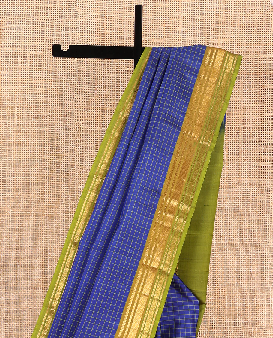 Blue checked Kanchipuram silk saree, contrast border of salngai, kathir, mayil kann, and mayil kann designs, and zari striped pallu - Image 3