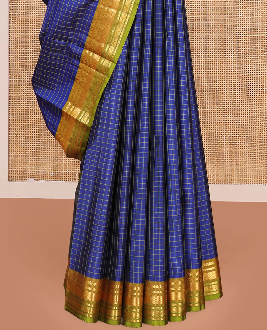 Blue checked Kanchipuram silk saree, contrast border of salngai, kathir, mayil kann, and mayil kann designs, and zari striped pallu - Image 4