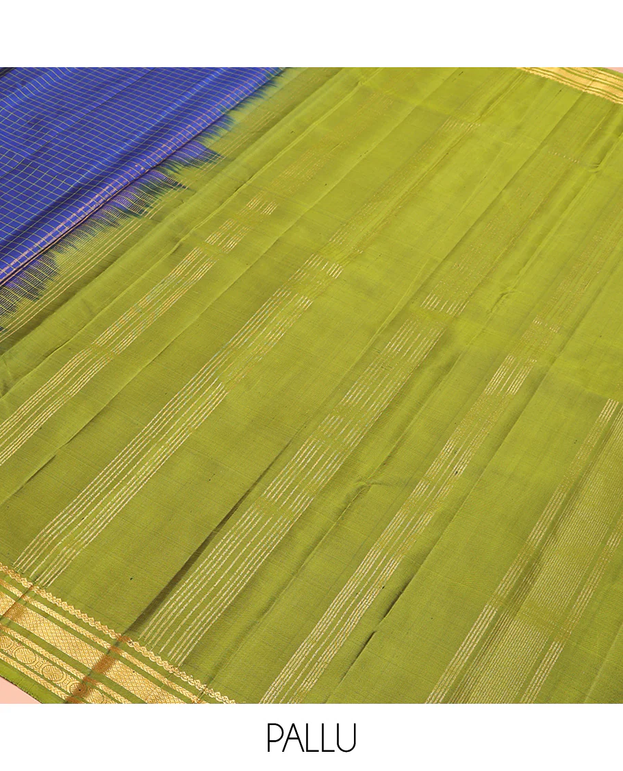 Blue checked Kanchipuram silk saree, contrast border of salngai, kathir, mayil kann, and mayil kann designs, and zari striped pallu - Image 5