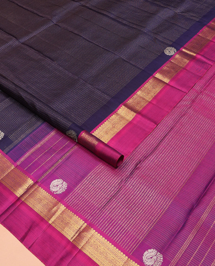 Blue checked Kanchipuram silk saree, contrast border of traditional motifs, and pallu of checked design - Image 2