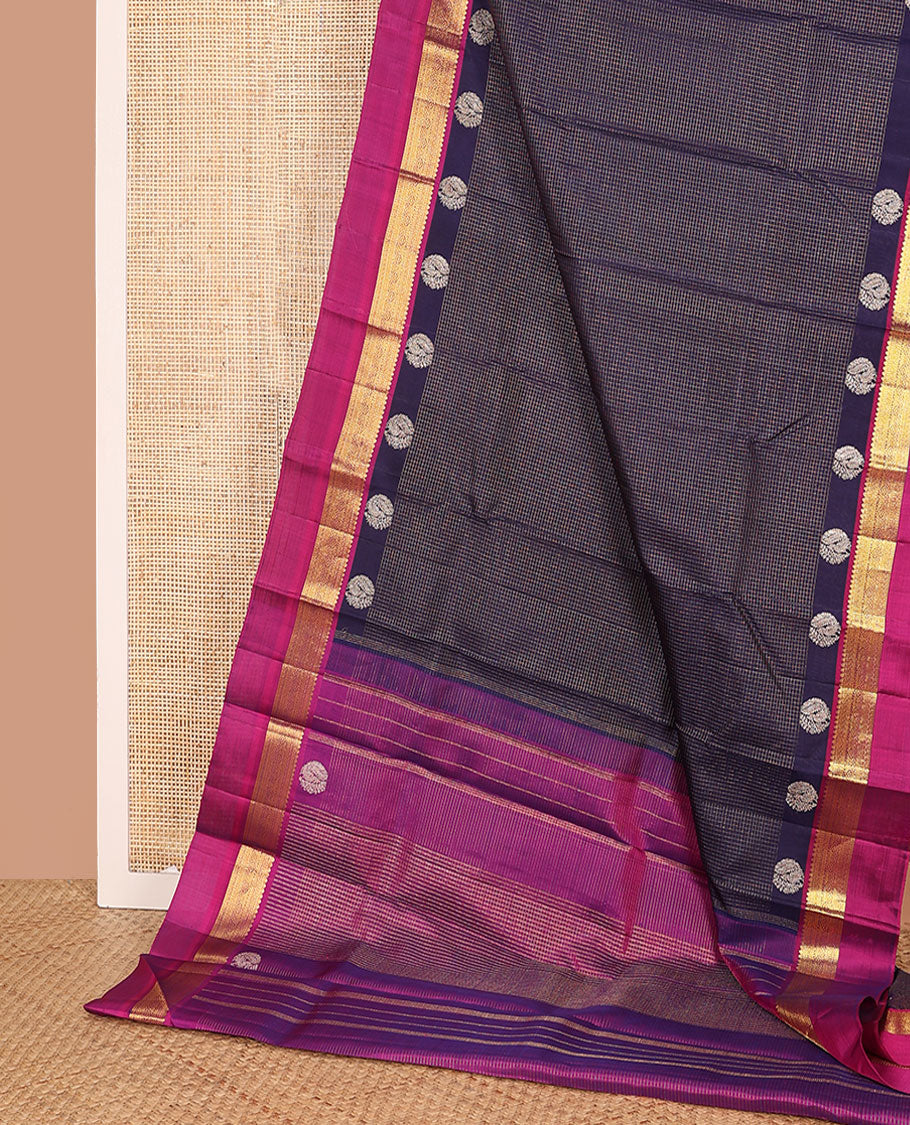 Blue checked Kanchipuram silk saree, contrast border of traditional motifs, and pallu of checked design - Image 3