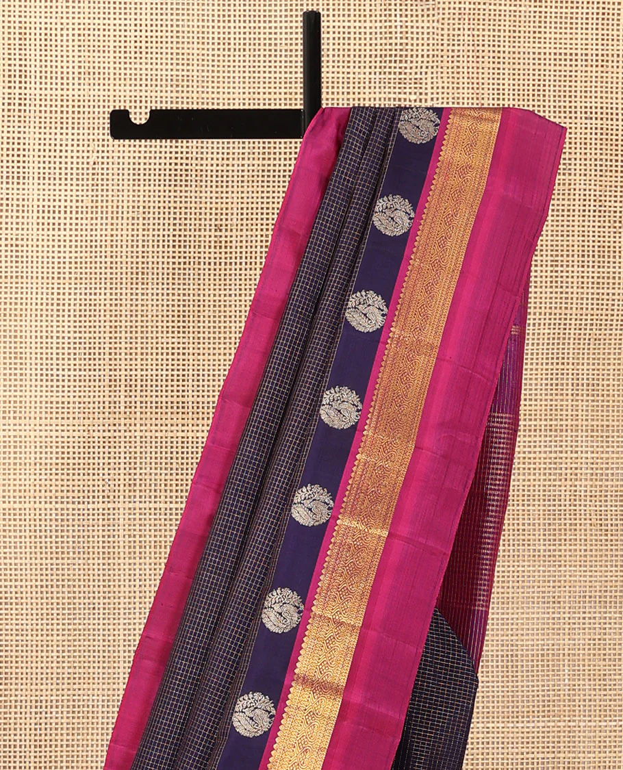 Blue checked Kanchipuram silk saree, contrast border of traditional motifs, and pallu of checked design - Image 4