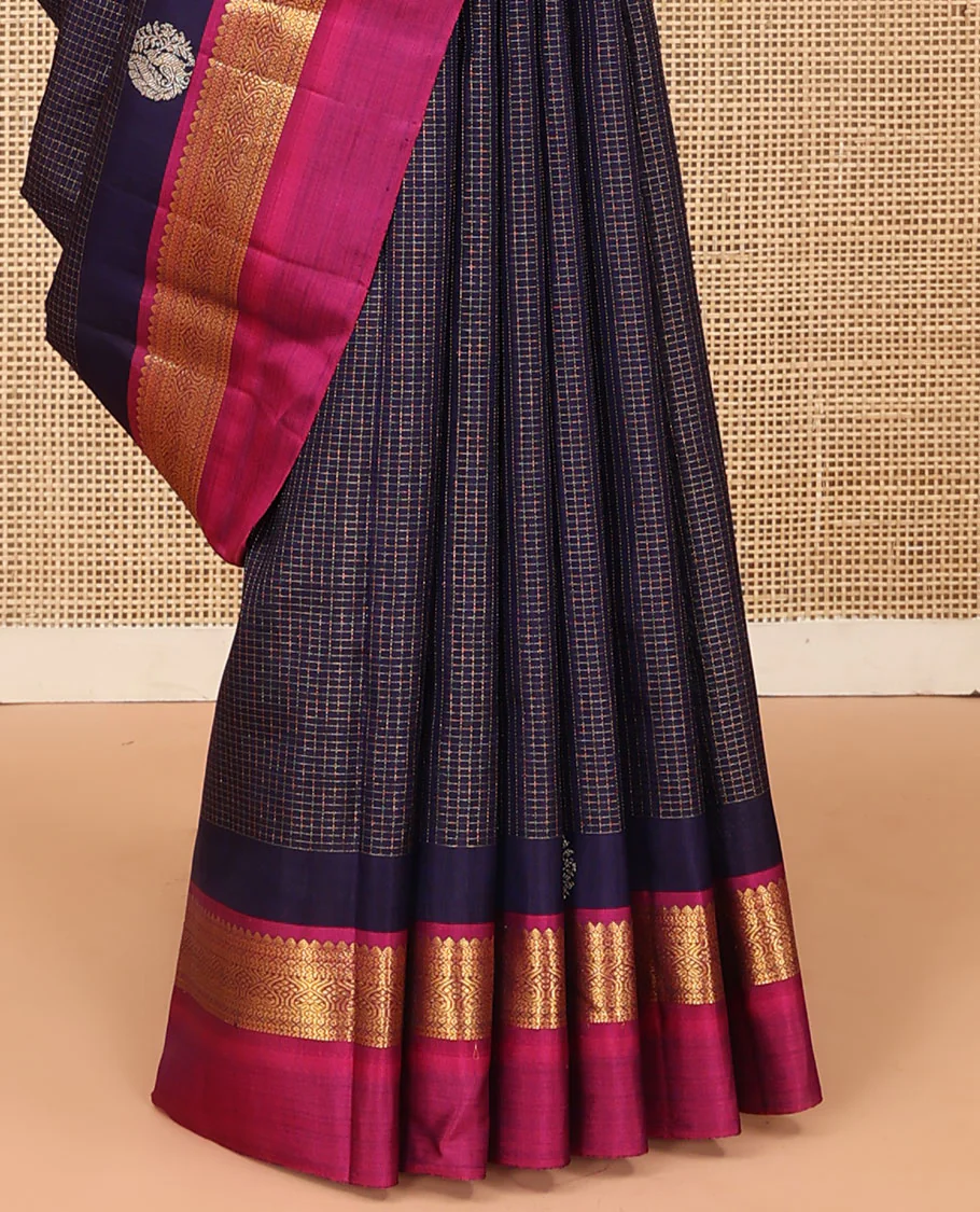 Blue checked Kanchipuram silk saree, contrast border of traditional motifs, and pallu of checked design - Image 5