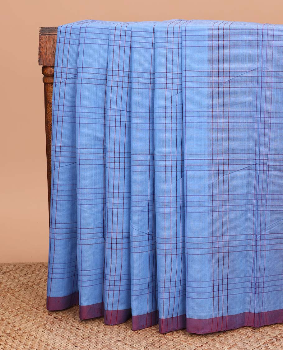 Blue checked Mangalagiri cotton saree, contrast border and striped pallu