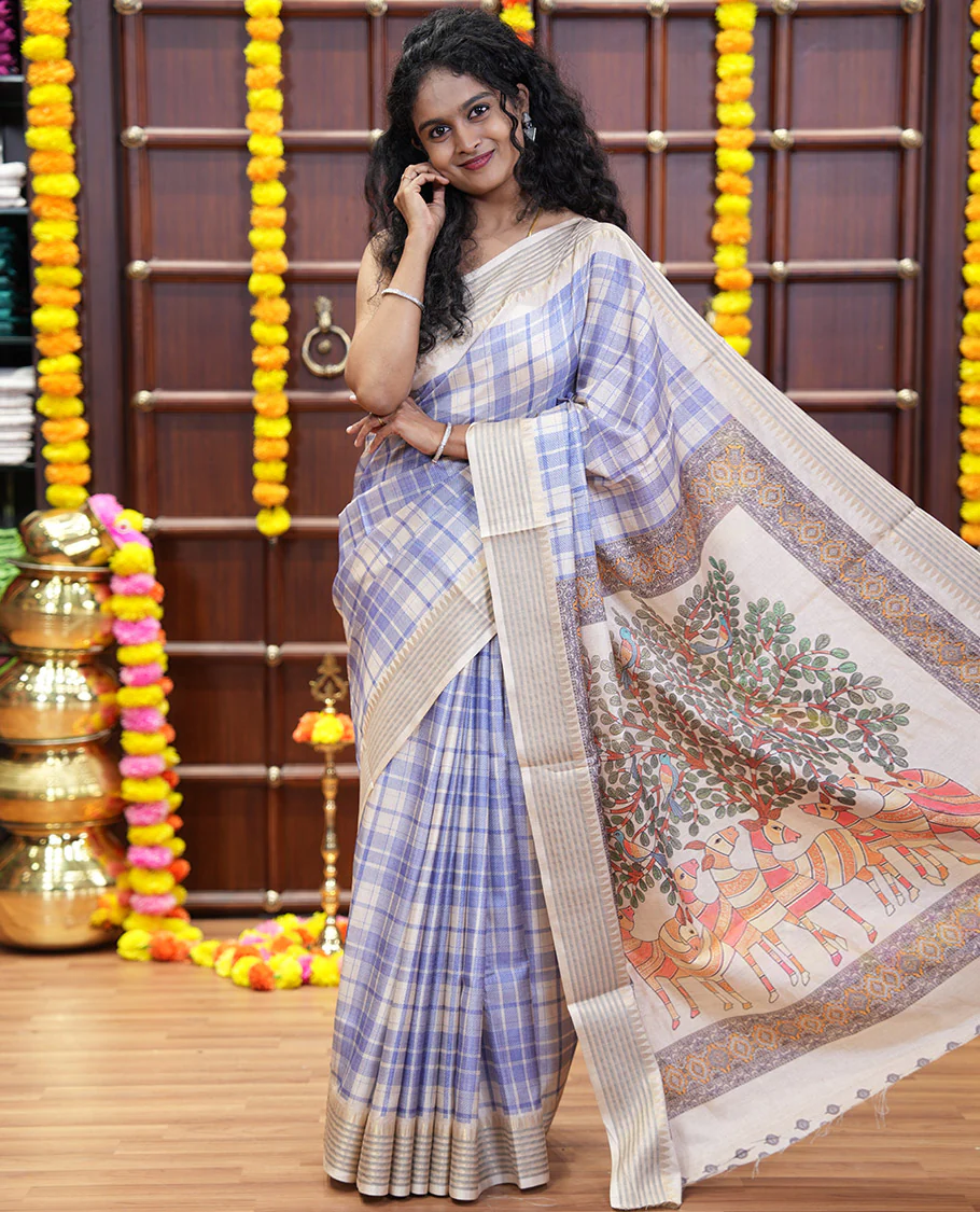 Blue checked patterned semi-tussar saree with contrast temple striped border, Madhubani printed pallu, and a contrast printed blouse - Image 2